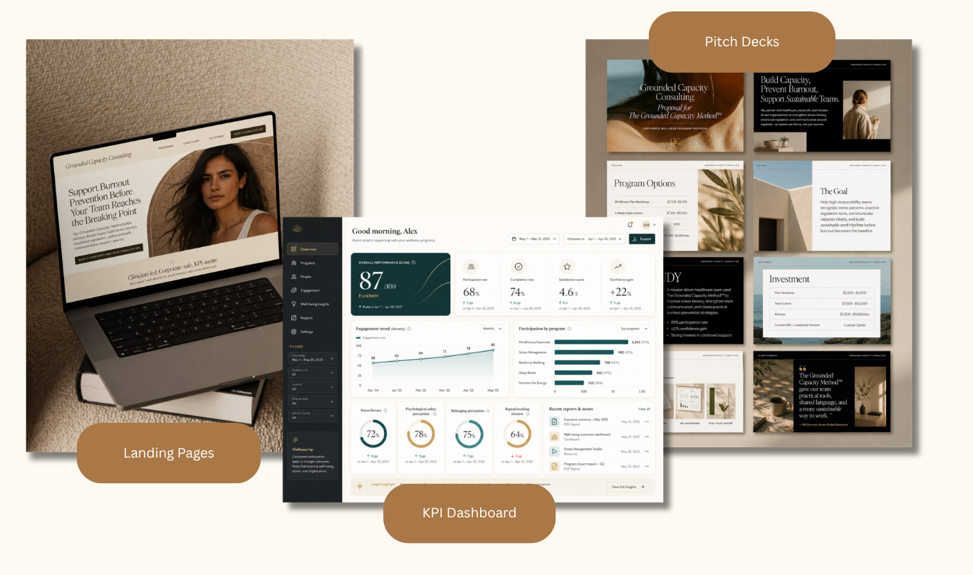 Examples of landing pages, KPI dashboards, and pitch decks generated by the Prompt Builder